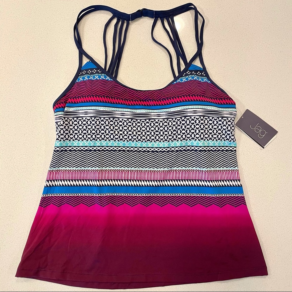 Jag Geometric Tankini Top with Navy Strap Detail